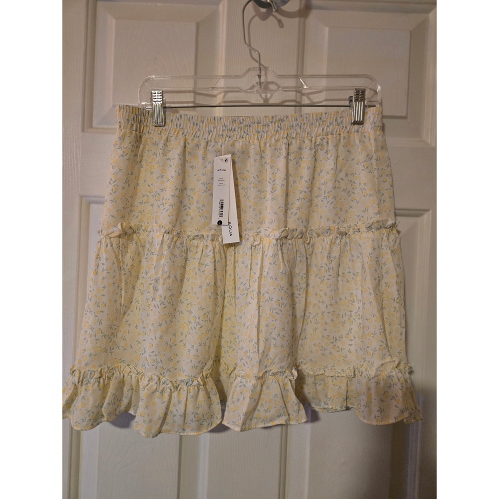 AQUA Floral Tiered Ruffle Mini Skirt Yellow Multi Size L